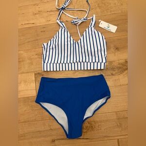 Beachsissi Bikini Set Women’s Small Blue White Striped High Waisted 2 Piece NWT